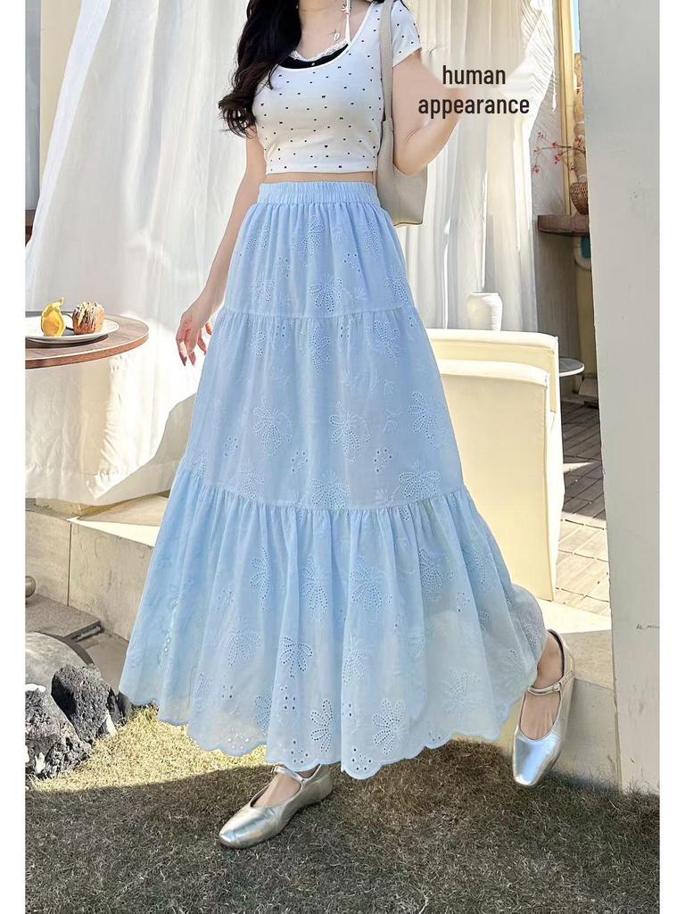 Women's White Embroidered A-line Cake Skirt for Autumn/Winter