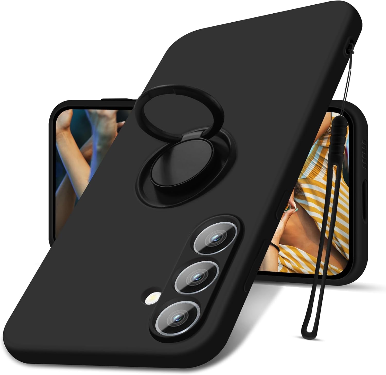 

Для Samsung Galaxy S24+ жидкий силиконовый чехол-кольцо с подставкой для телефона Black