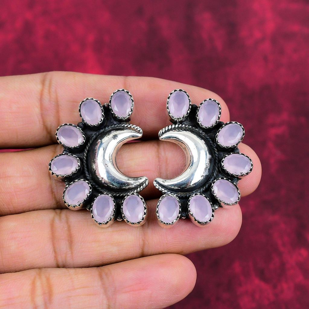 Ohrringschmuck aus rosa Chalcedon, 925er Sterlingsilberschmuck, handgefertigter Ohrring, Chalcedon-Edelsteinschmuck für die Liebe