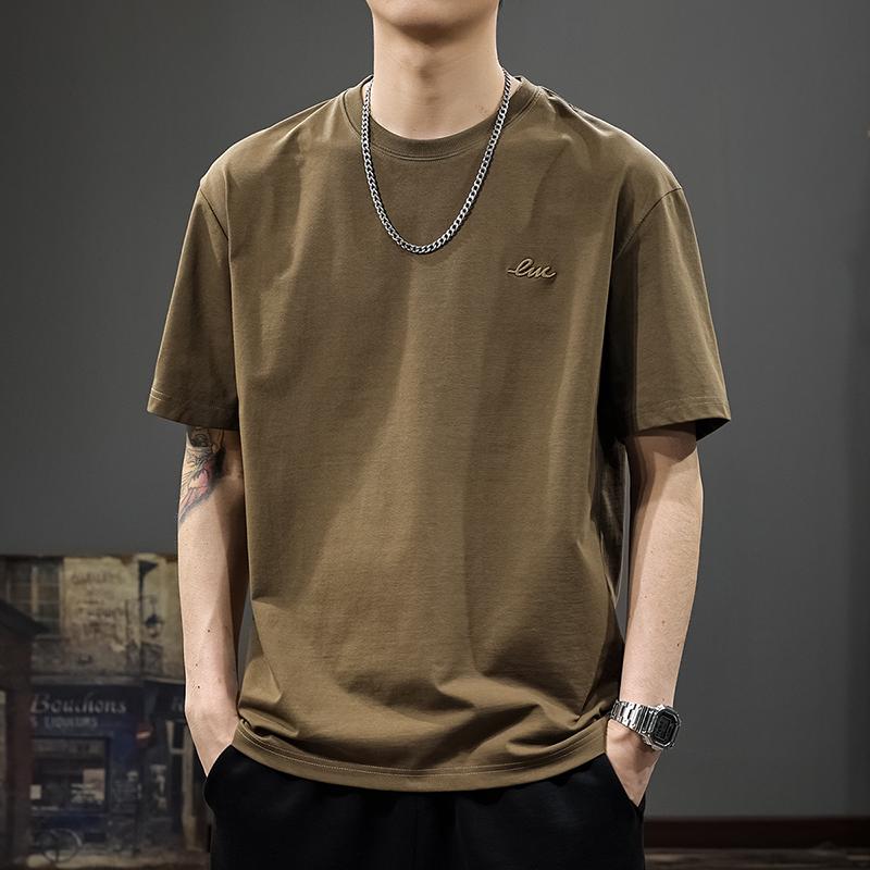 

Летняя мужская футболка свободного кроя из гребенного хлопка и ледяного шелка с коротким рукавом - Дышащая футболка с рукавом до локтя в американском стиле кэжуал 3XL for 180-200 jin кофейный