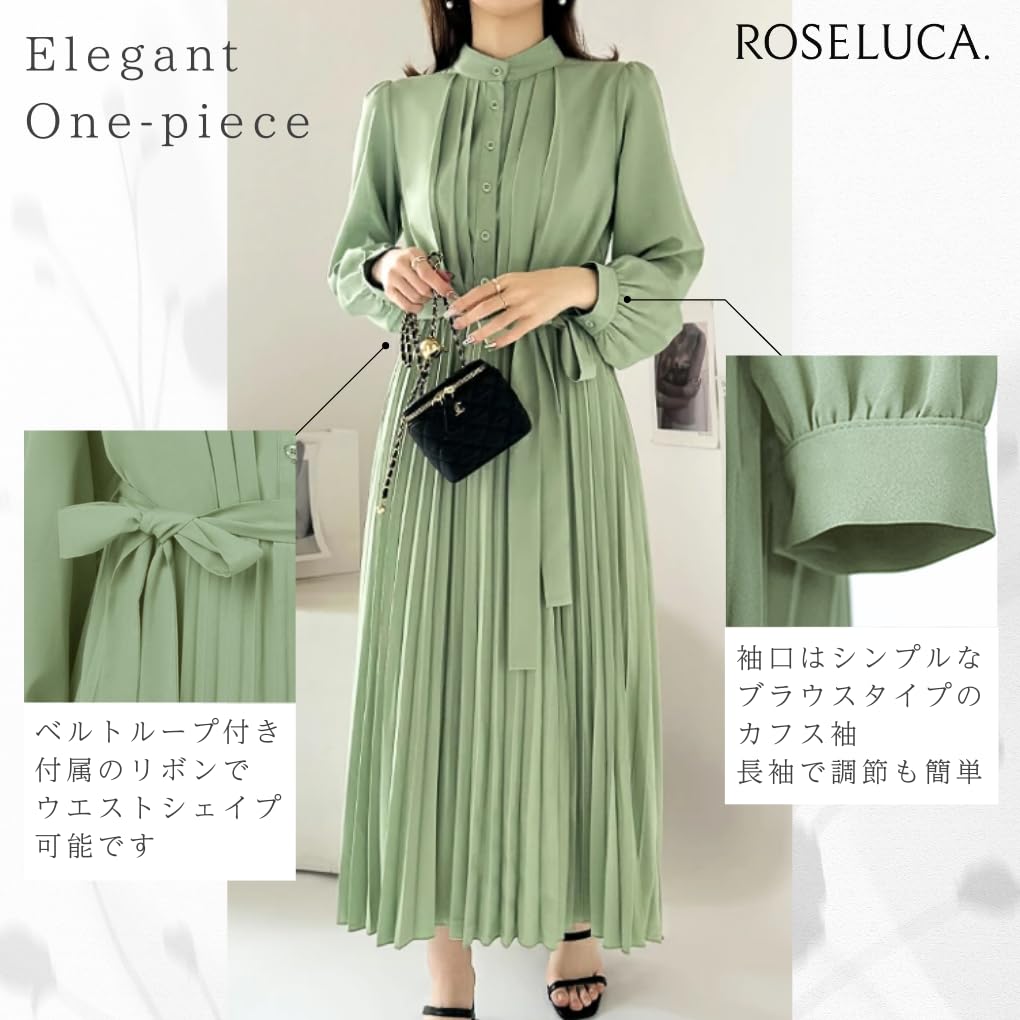Elegant Pleated Long Waist Perfect for Spring and Perfect for Special Korean Size L ROSELUCA. Dress, Women's, Sleeves, Ribbon, Collared, Pastel,