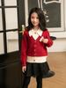 Korean Style Red Parent-Child Sweater: Women's Cardigan & Men's Round Neck Pullover