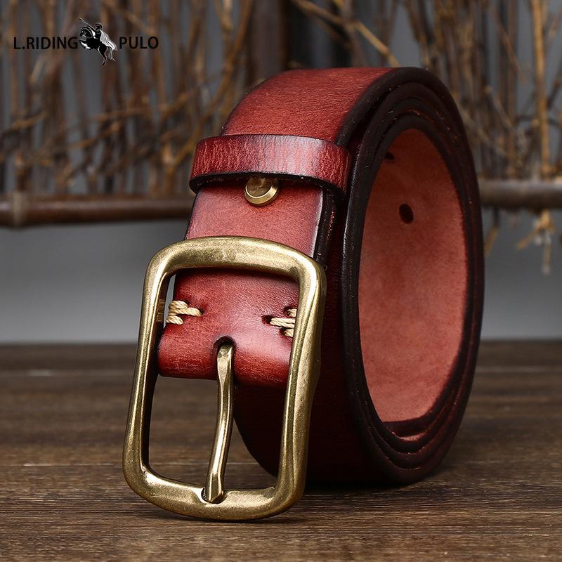 Men's Genuine Leather Belt Retro Distressed Pleated Copper Buckle Korean Style Casual Jeans Belt