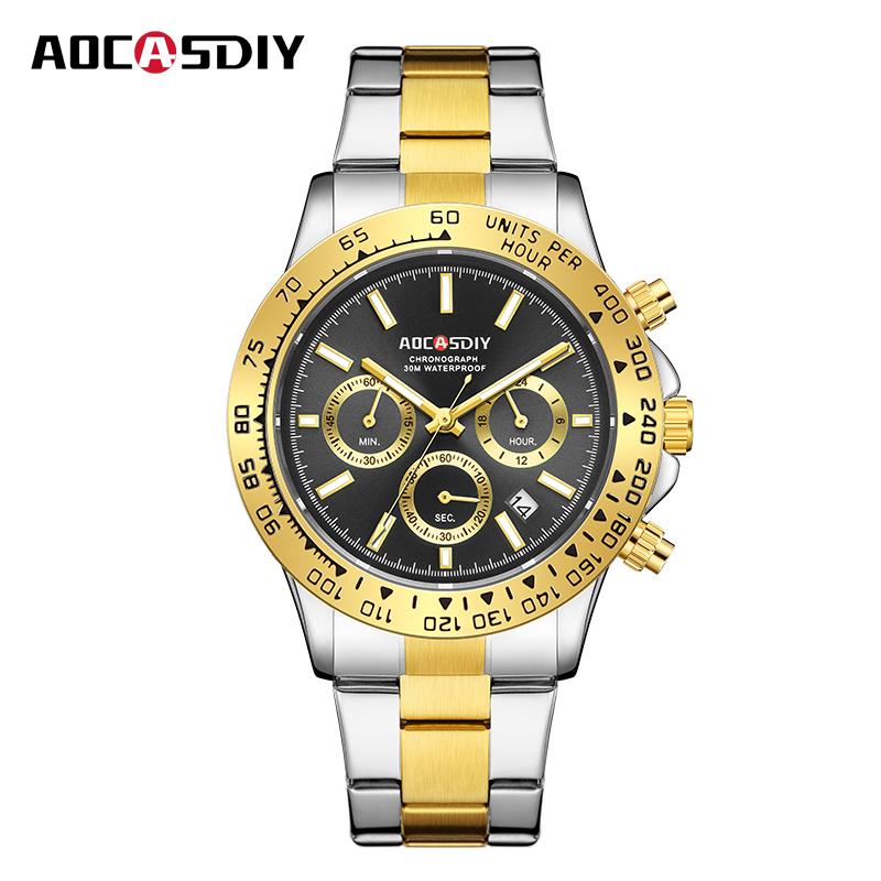 

Модные мужские кварцевые часы Хронограф с тремя стрелками и шестью стрелками Водонепроницаемый календарь Ночная подсветка Аналоговые наручные часы серебряный/золотой
