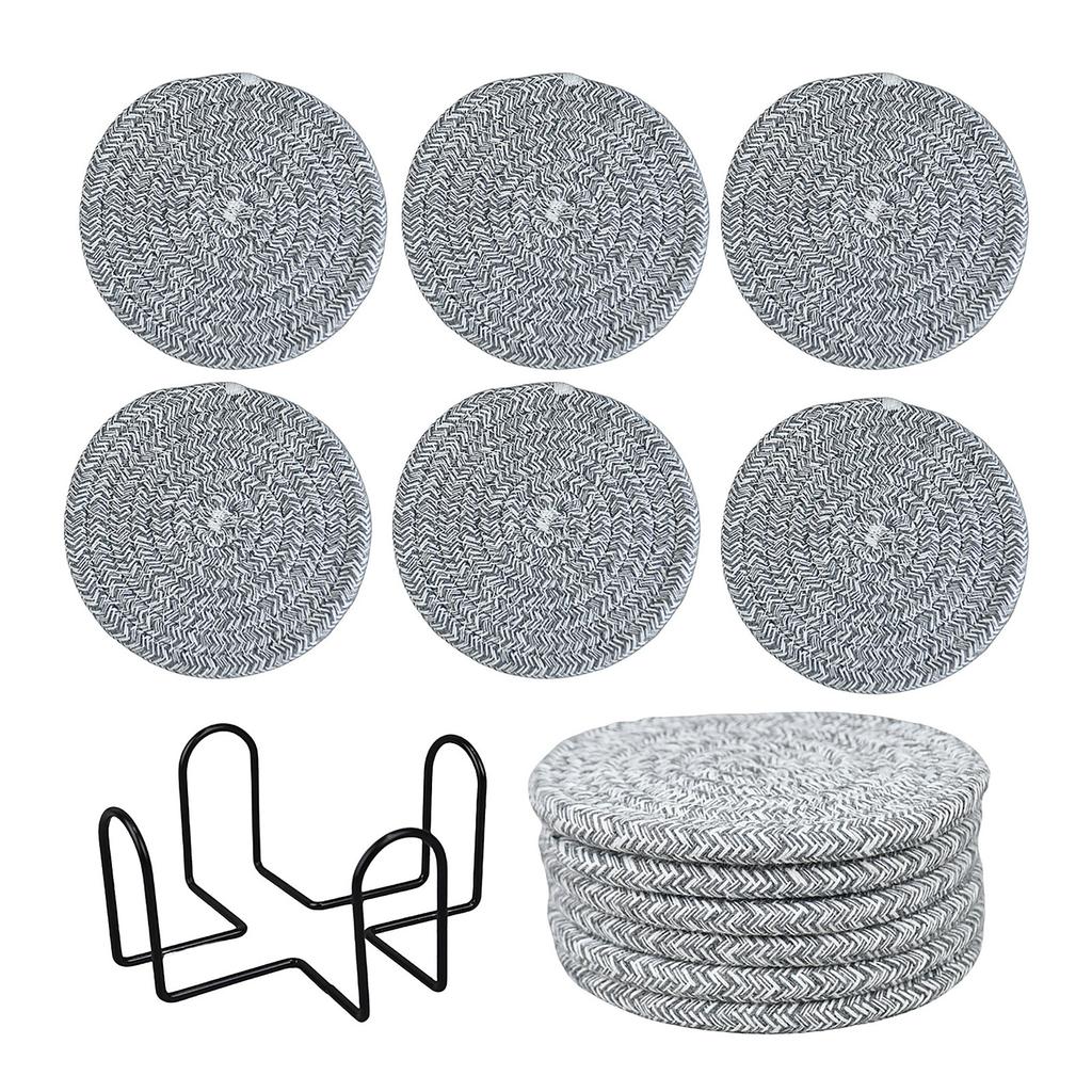 Set of 6 Round Woven Cotton Yarn Placemats with Non-Slip Heat Resistant Surface and Metal Storage Rack for Dining Table Protection