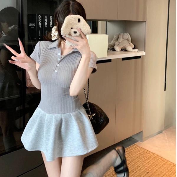 Women's Summer Polo Collar Long-Sleeve A-Line Dress with Cinched Waist - Petite Fit