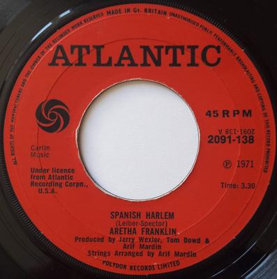 Δίσκος 7 ιντσών ARETHA FRANKLIN - Spanish Harlem 2091138 Atlantic 1971 Ηνωμένο Βασίλειο Soul/Funk Μεταχειρισμένος
