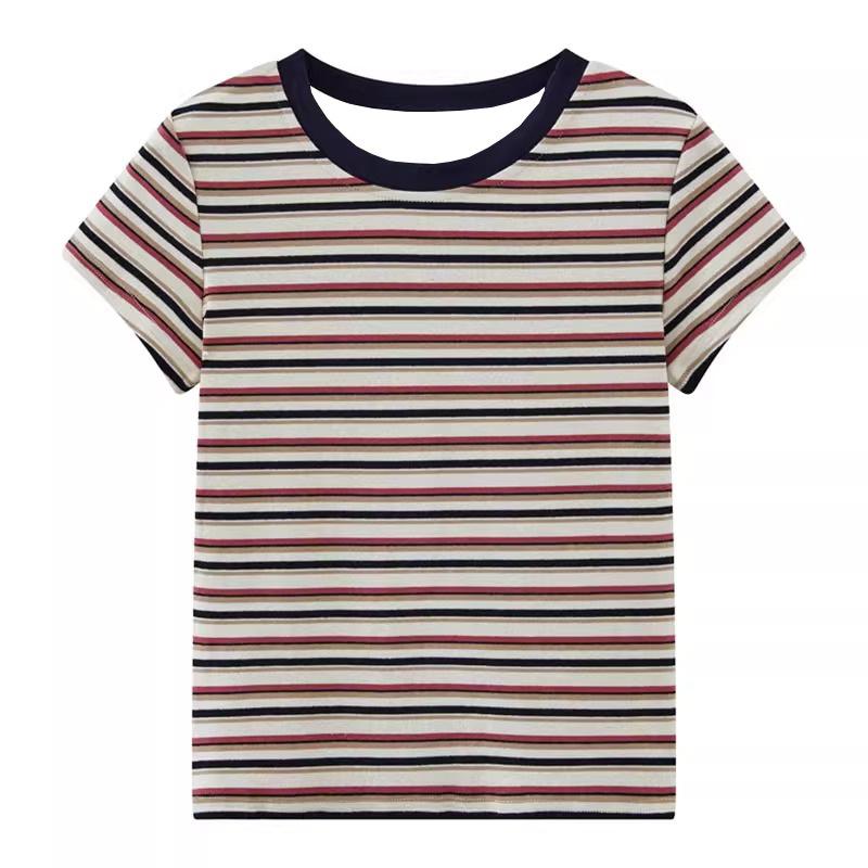 2026 Summer New Style Contrast Color Striped Short Sleeve T-Shirt for Women, Slim Fit and Versatile Top