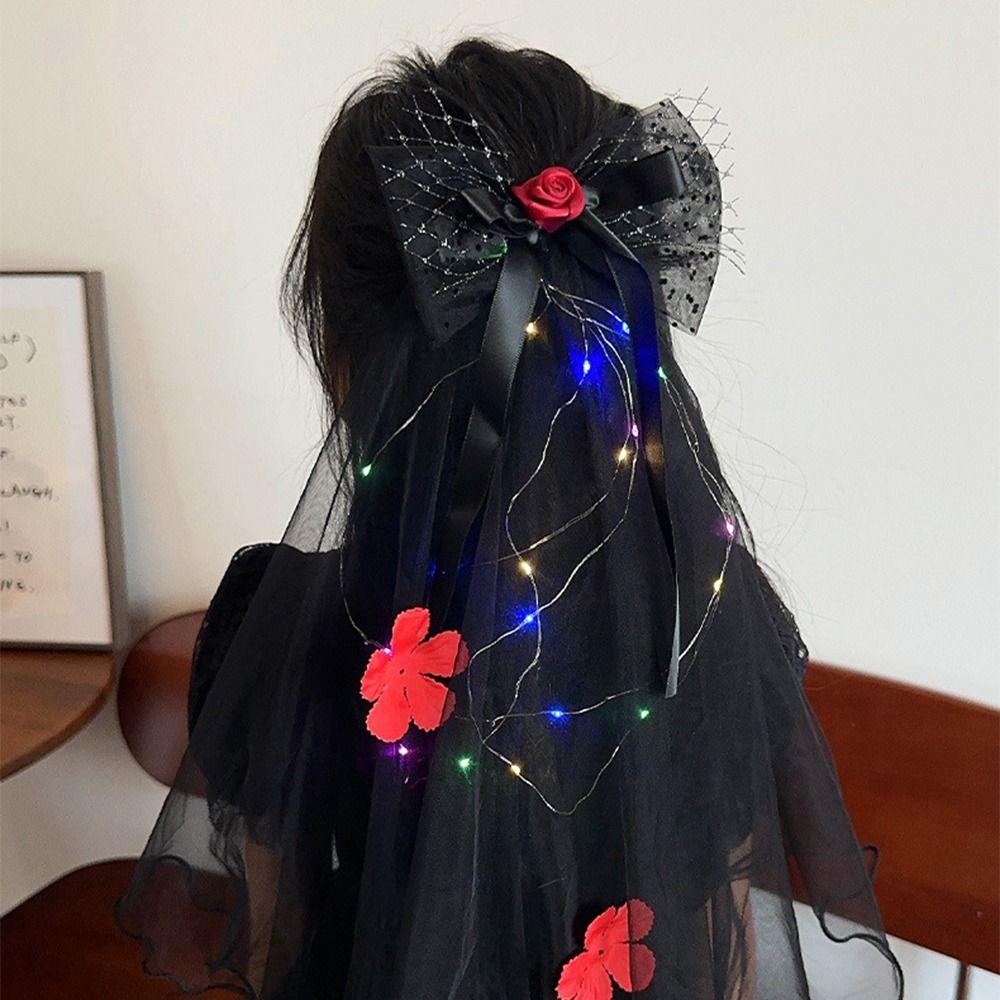Gothic Style Luminous Head Crown Lace Veil Rose Hair Hoop Halloween Veil Headband  Holiday Decor