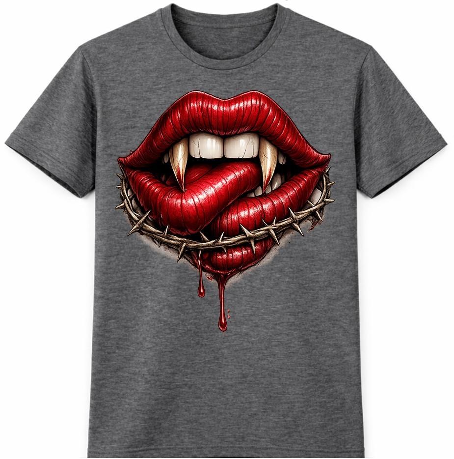Vampir Lippen T-Shirt Gothic Reißzähne Horror Blut Tattoo Stil Halloween Tee