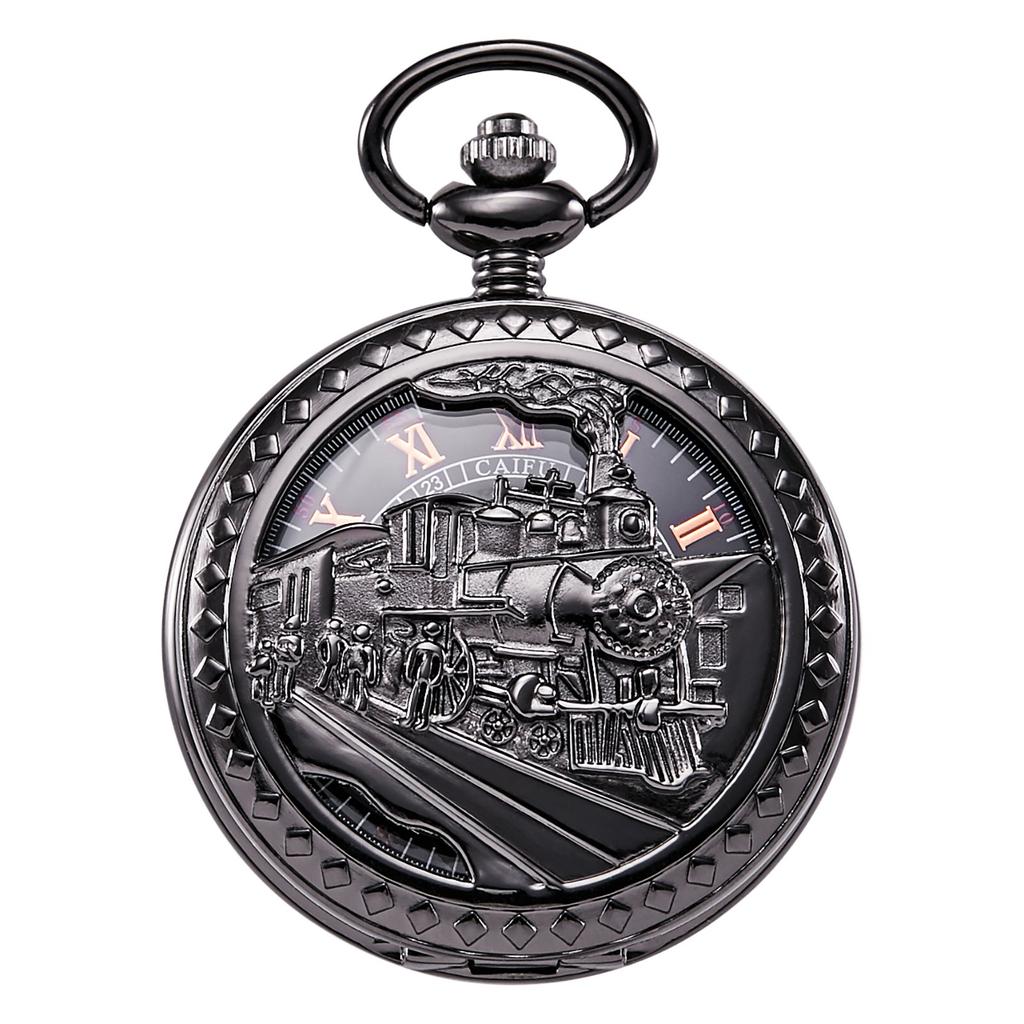 TREEWETO Mechanical Pocket Watch Railway Antique Skeleton Roman Numeral Black with Chain