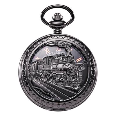 TREEWETO Mechanische Taschenuhr Eisenbahn Antik Skelett Römische Ziffern Schwarz mit Kette
