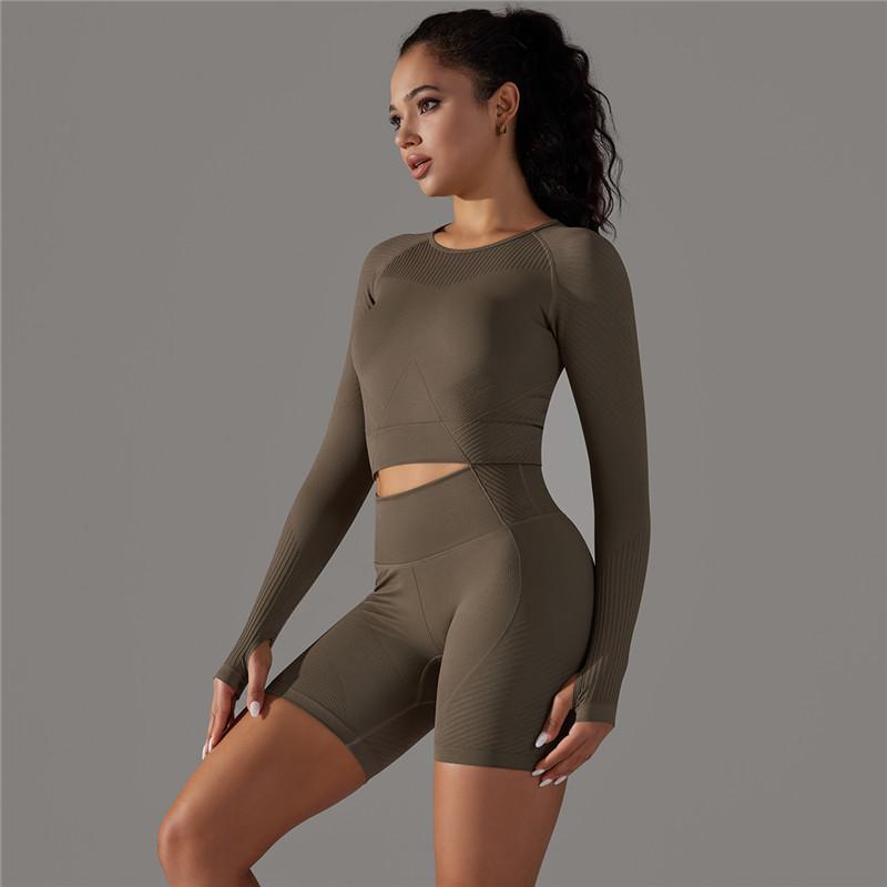 Auroth Women Yoga Sportswear Round Neck Fitness Long Sleeve Top Knit Running Shorts Workout Set