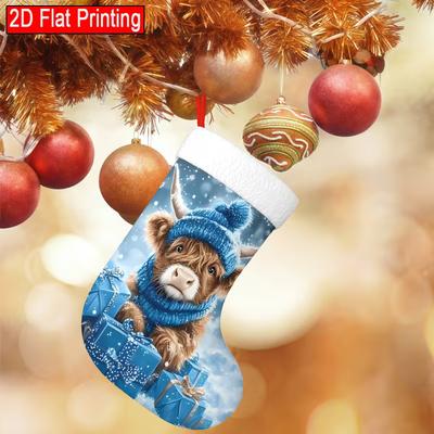 1pc Christmas Stocking Featuring a Highland Cow Design, Ideal for Holiday Parties And Gift Bag Decorations.
