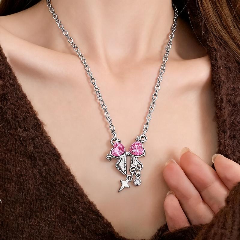 Pink Heart Bowknot Pendants Women's Necklaces New Sweet Bohemian Silver Chains Star Drop Fashion Trend Collar new