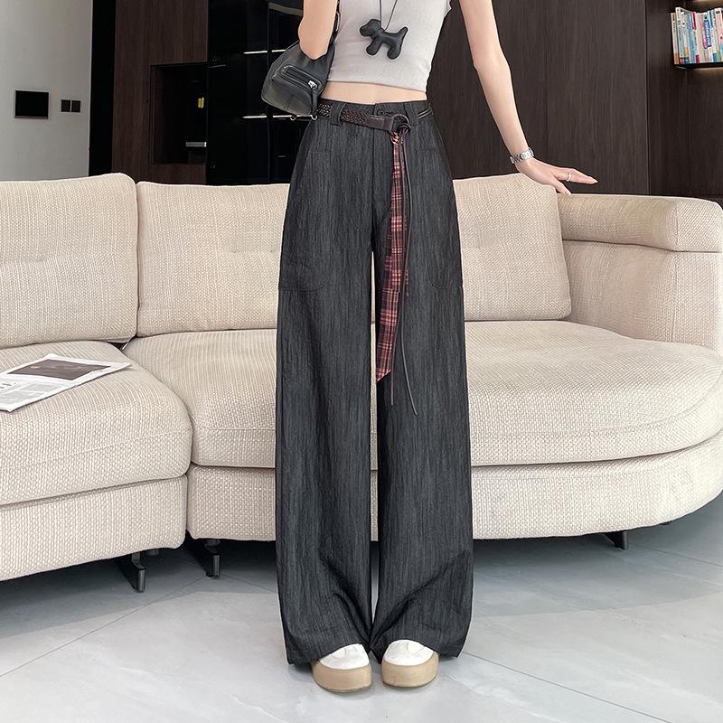 

Women s Retro High-Waisted Faux Denim Pants - Slimming Belted Straight-Leg, Casual Spring 2026 Collection Extra Small чёрный/джинсовый