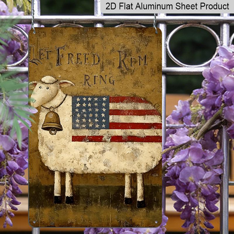 2D Flat, 1pc Patriotic Sheep American Flag Metal Wall Art - Rustic Farmhouse Style with "Let Freedom Ring" Design, Vintage Distressed Texture