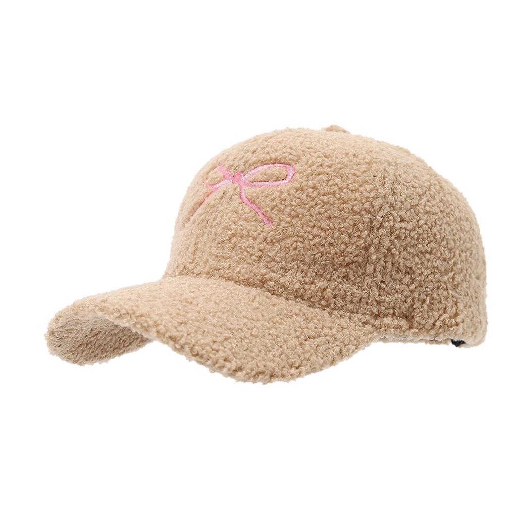 Women'S Autumn And Winter Sheepskin Warm Cap, Fashionable Bow Embroidery Teddy Fur Face-Enhancing Small Baseball Cap