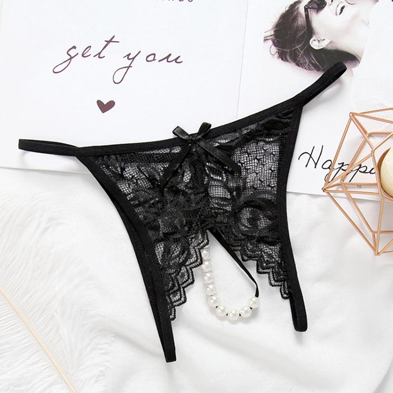 1Pc Pearl Transparent Lingerie Nylon Sexy Women Thongs Underwear Solid Color Lace Panties Open Crotch Briefs