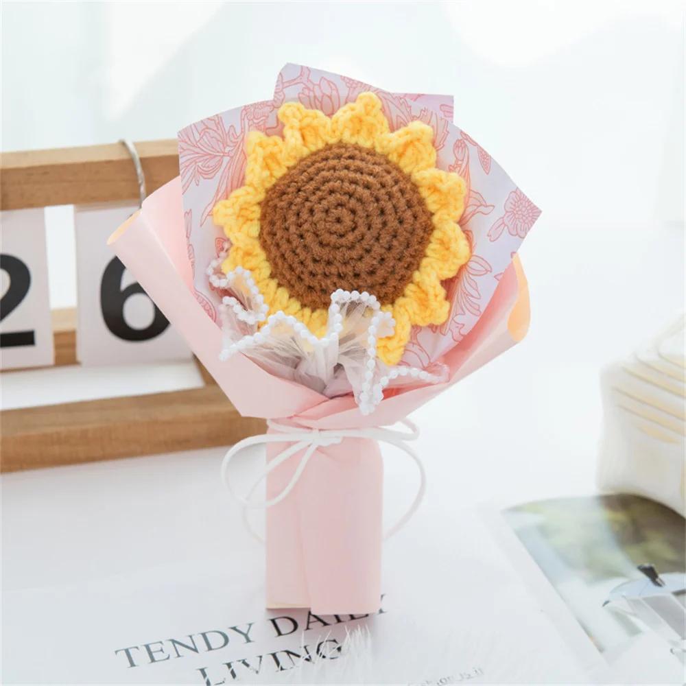 Single Woolen Knitted Flower Bouquets Rose Puff Sunflower Crochet Fake Flowers Small Home Decor Valentine's Day Gifts