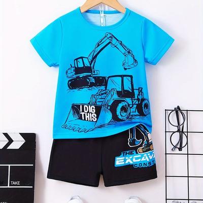 Toddler Boy's 2pcs, T-shirt & Shorts Set, Cartoon Engineering Car Print Short Sleeve Top, Color Clash Casual Outfits