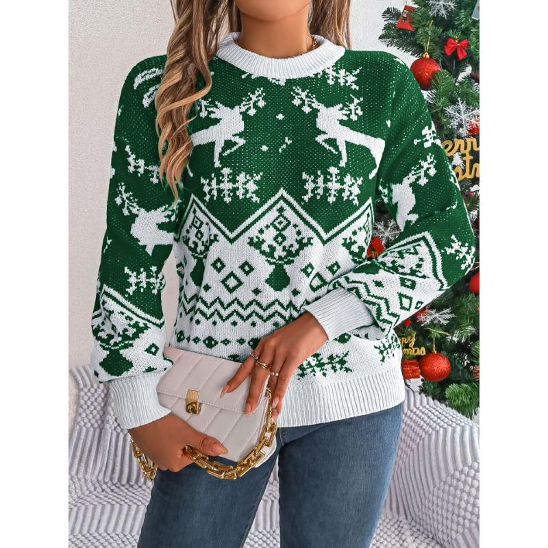 2025 Autumn and Winter Casual Fawn Pattern Long-sleeved Pullover Sweater Christmas