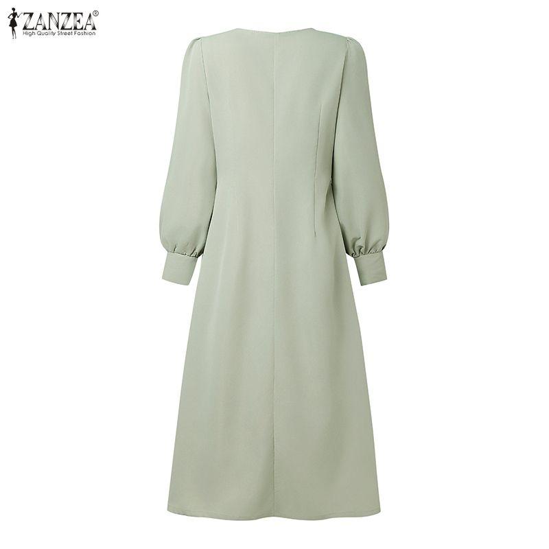 ZANZEA Women Casual Zipper V-Neck Long Sleeve Dress