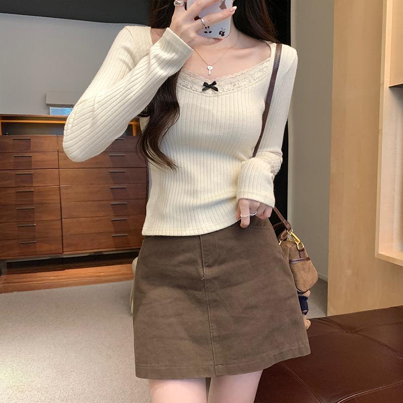 Lace-edged V-neck Base Shirt for Women In Spring, Slim Bow Long-sleeved T-shirt for Women