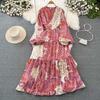High-end Celebrity Temperament Lantern Long-sleeved V-neck Waist Thin A-word Printed Dress Elegant Pendulum Long Skirt