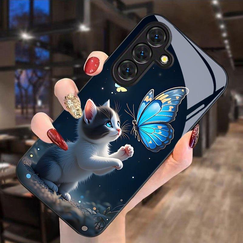 Cat and Blue Butterfly Dreamy Pattern Phone Case Suitable for Samsung Galaxy S26 S25 S24 S22 S21 S20 FE/Ultra/Plus Dustproof