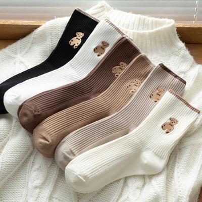 5 Pairs of Women's Brown Teddy Bear Embroidered Long Socks
