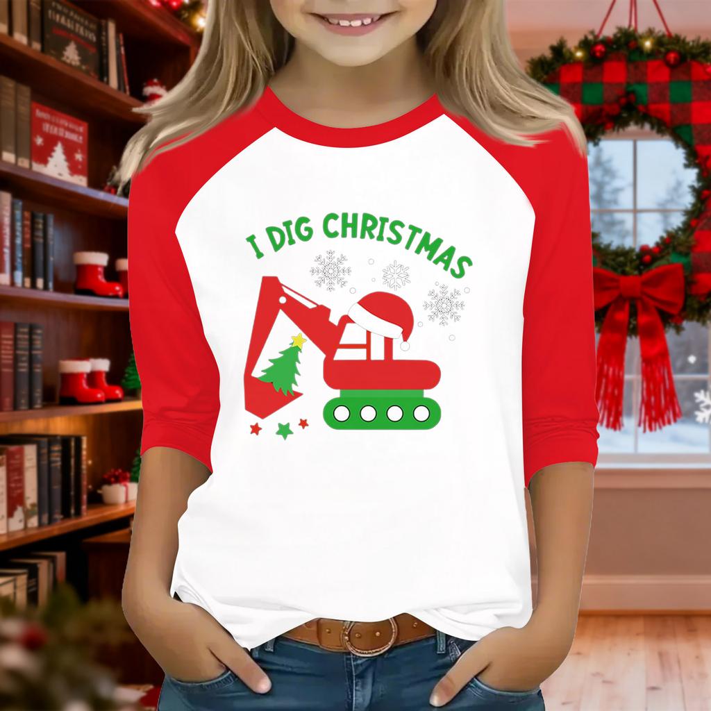 Oberteile für junge Mädchen 4-16 Jahre Rundhals 3/4-Ärmel T-Shirts Trendige Oberteile Outfit T-Shirts Weihnachtstag