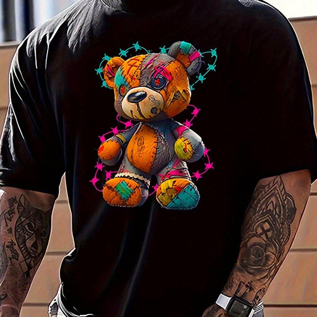 Men's Summer 100 Cotton Fashionable Casual Sports Loose Large Cartoon Teddy Bear Pattern Printed Round Neck Short Sleeve T-shirt