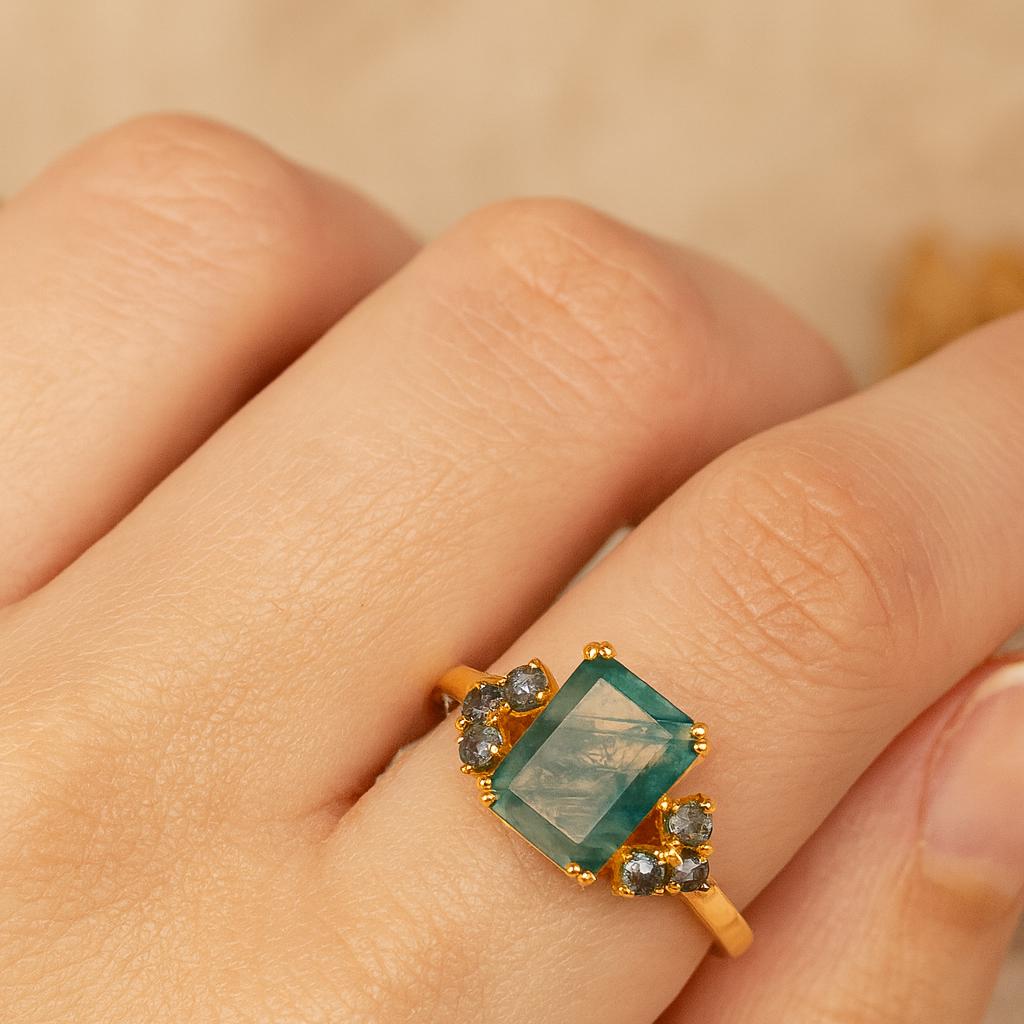 Emerald Cut Moss Agate Engagement Ring – Yellow Gold Plated Vintage Art Deco Gemstone Ring, Wedding Anniversary Promise Gift for Women