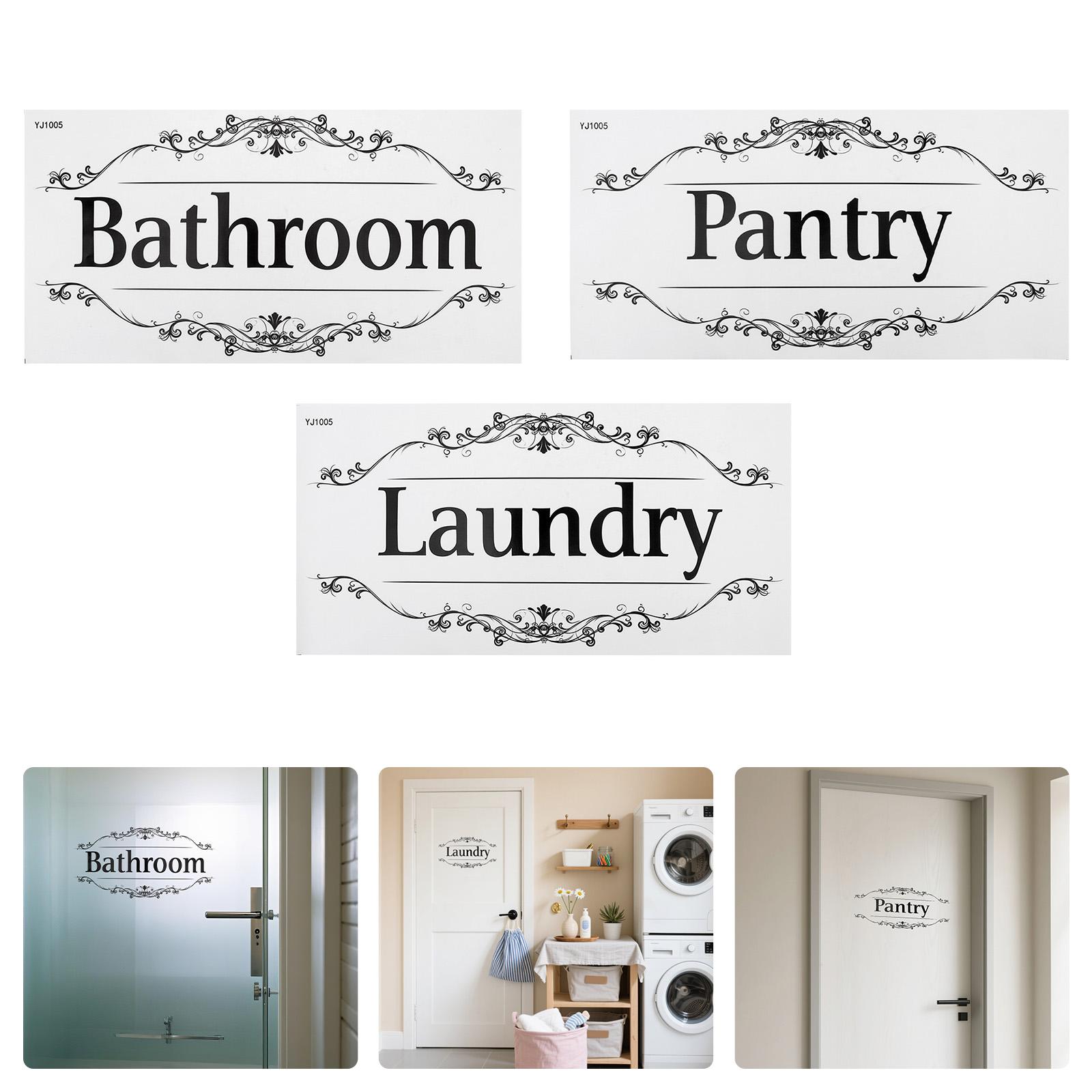 

3pcs Removable Black Door Decals for Bathroom Laundry Pantry Home Decor Lettering Stickers