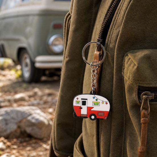 Cartoon RV Shape Keychain, Contrasting Color Keyring Accessories for Travel Trailers, Enameled Metal Retro Camping Car Keychain