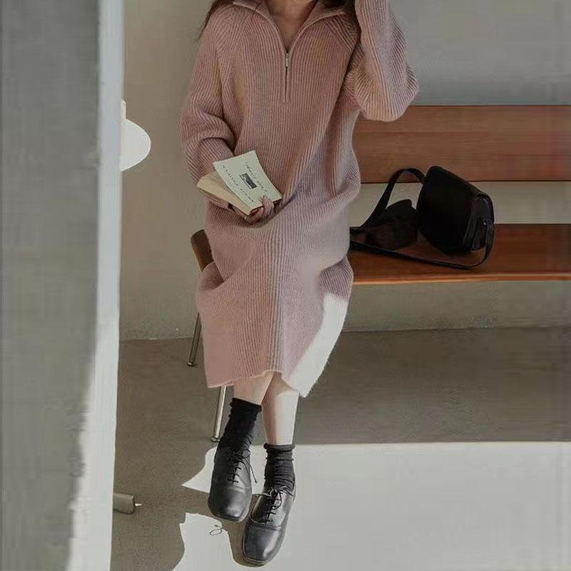 

Платье-свитер женское, однотонное, до колена, средней длины, вязаное платье со свободным низом и шерстяным пуловером с длинными рукавами, женское One Size розовый