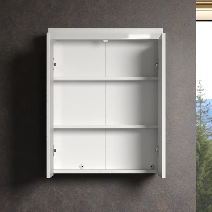 Meuble de salle de bain - Armoire de toilette - Miroir - 2 portes - Blanc - L60 x P17 x H77cm - AMANDA