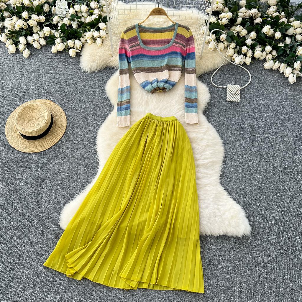 Spring Autumn Women Vintage Rainbow Striped Knitted Sweater Pullover Tops and Long Midi Pleated Skirt Two Piece Set