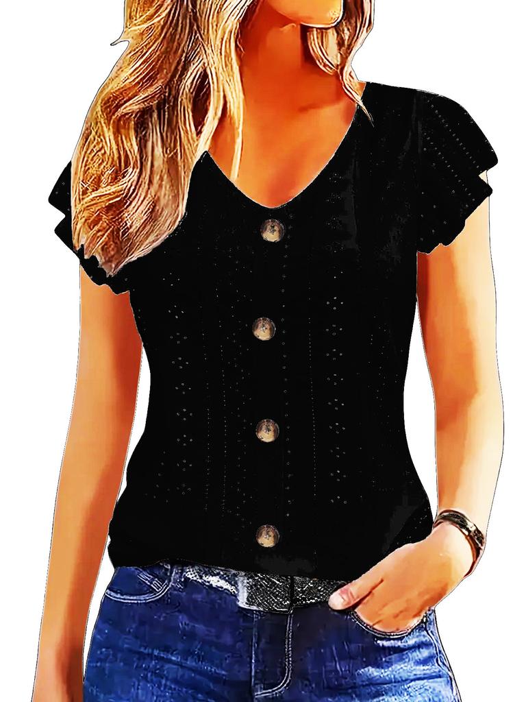 Tricou Dama Broderie cu Ochiuri Casual Decolteu în V Mânecă Scurtă Volănașe Butoni Bluză Topuri