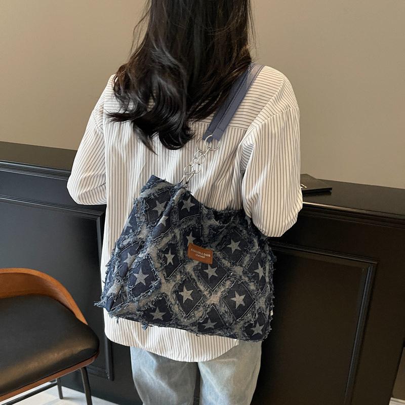 Borsa Tote in Denim a Quadri con Frange Vintage per Donna Grande Capacità Design a Stella Borsa a Spalla Borsa a Mano Casual