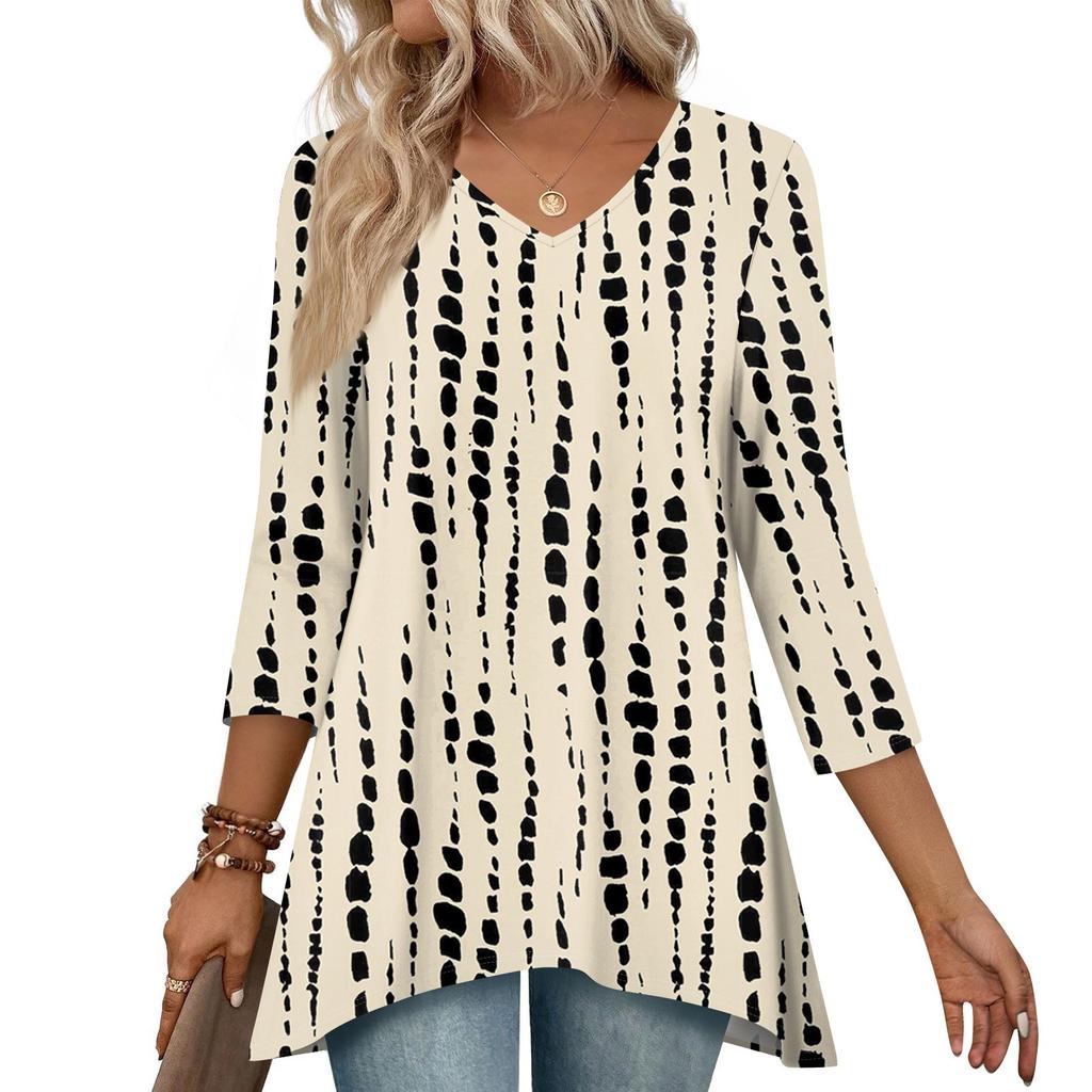 Women 3/4 Sleeve Tunic Prints Tops For  Loose Fit Casual Blouses V Neck T Shirts With Asymmetrical Hem