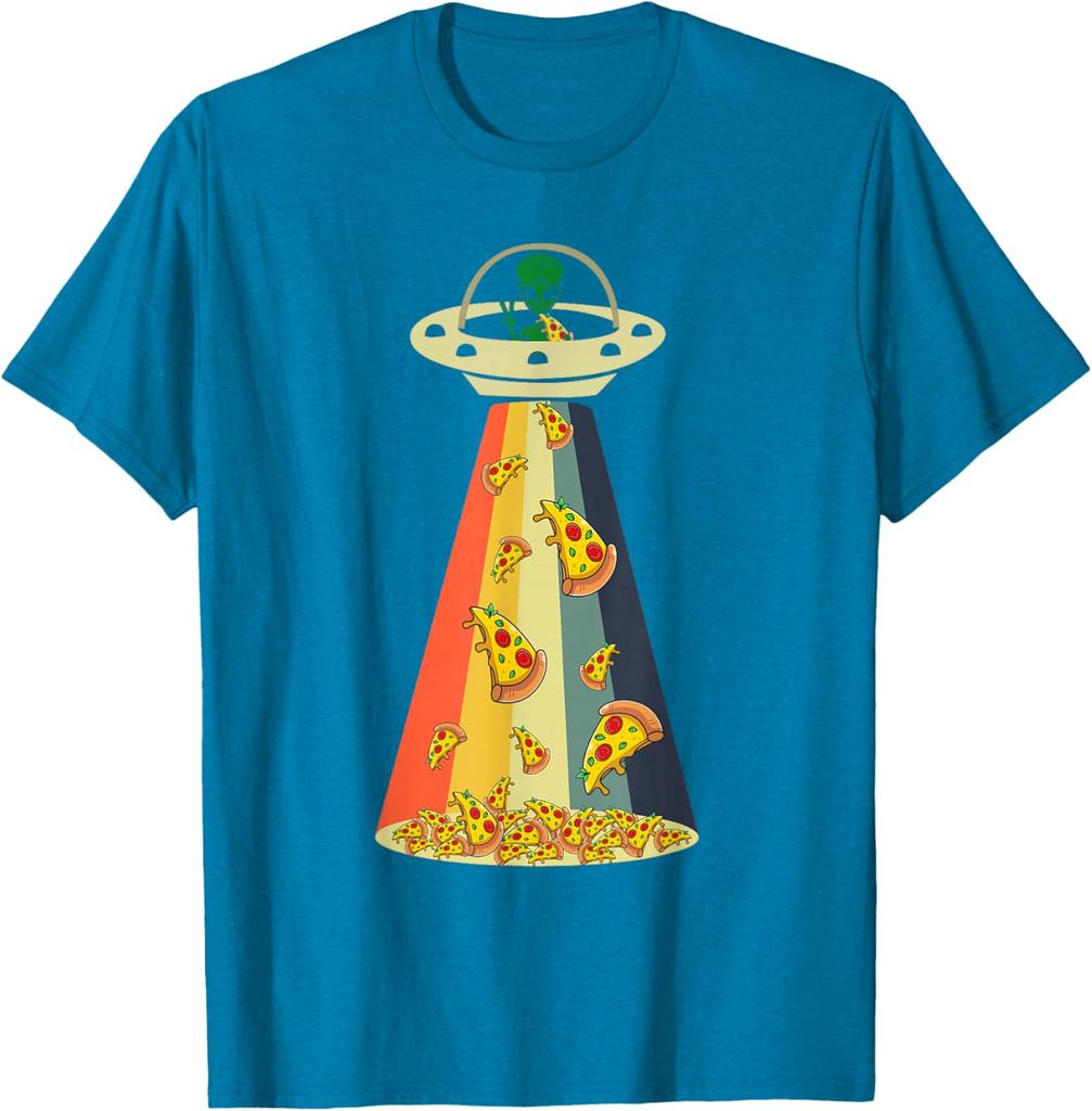 Pizza UFO Alien Abduction Graphic Retro Rainbow Light T-Shirt Funny Casual Cotton Tee