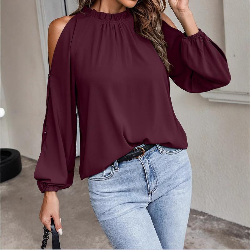 Women's Autumn and Winter New Net Colour Ruffle Half High Neck Long Sleeve Shrink Pleated Strapless Fashion Tops
