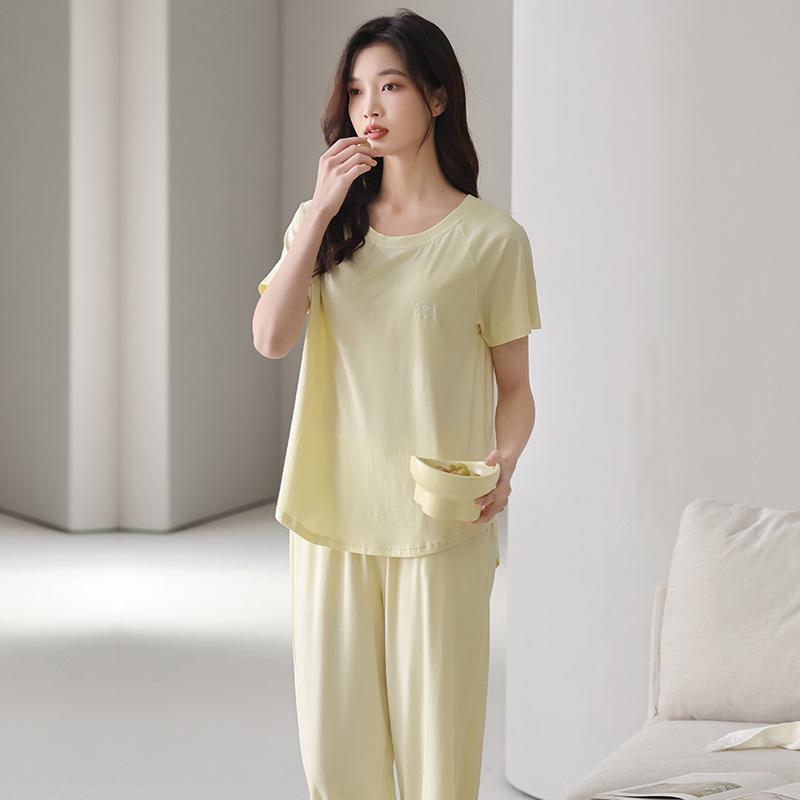 Lyocell Women's Summer Short Sleeve Pajama Set with Chest Pads - Casual Plus Size Home Wear