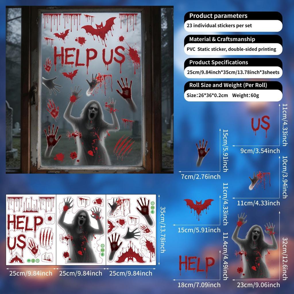 Halloween window sticker red hand black and white skull glass sticker transparent pvc glue-free static sticker decoration