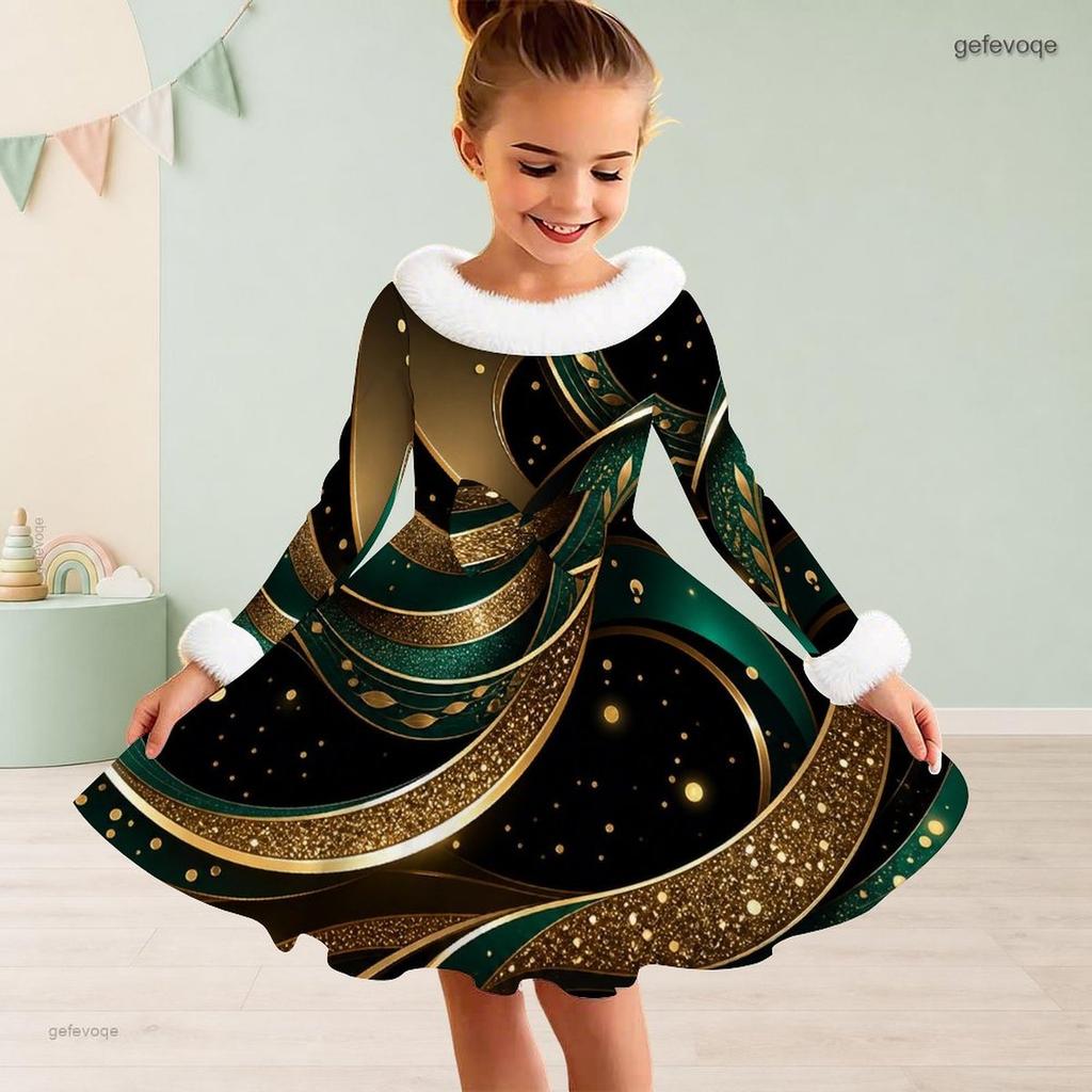Girls Black Printed High Neck Long Sleeve A Line Flared Dress With White Fur Trim