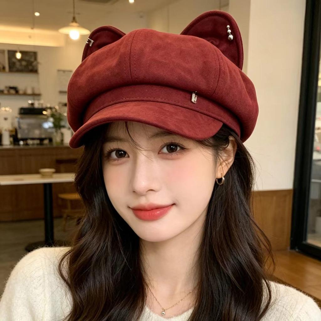 Cute cartoon ears octagonal hat children autumn fashion show face little painter hat sweet versatile newsboy hat