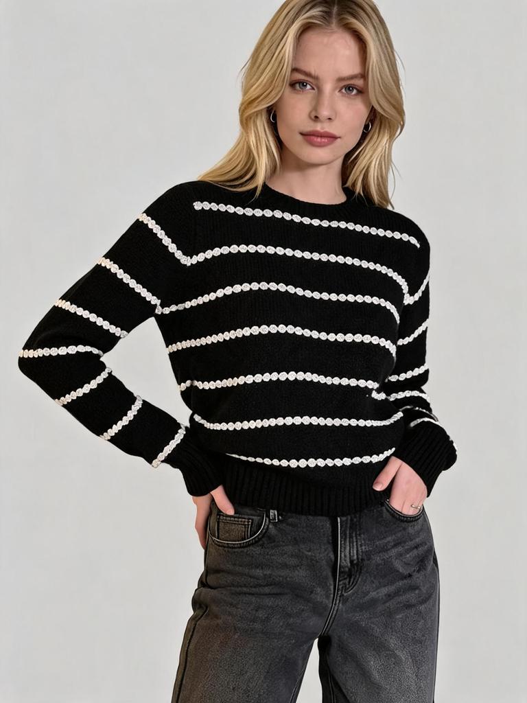 Autumn New Striped Knit Sweater for Women, Crew Neck Long-sleeve Sweater, Loose Versatile Top, European and American Style Fashion Set