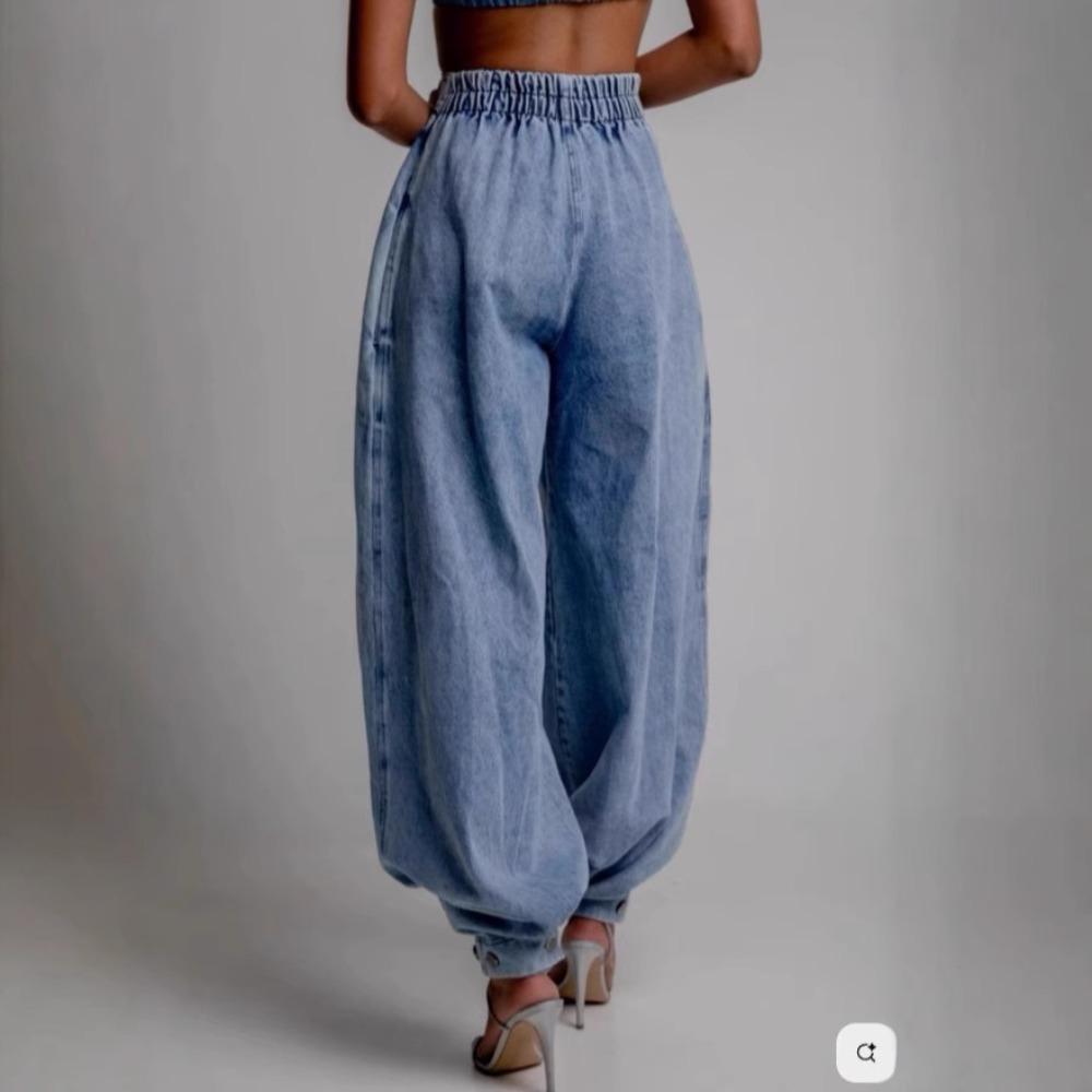 Women's High Rise Barrel Pants Loose Fit Denim Jeans Zip Fly Pleated Casual Denim Trousers